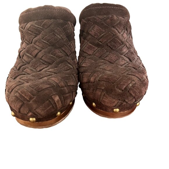 UGG Womens Size 7 Brown Suede Shearling-Lined Woven Studded Wooden Heel Clogs - Picture 1 of 3